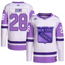 Men's Adidas New York Rangers Tie Domi White/Purple Hockey Fights Cancer Primegreen Jersey - Authentic
