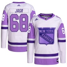 Men's Adidas New York Rangers Jaromir Jagr White/Purple Hockey Fights Cancer Primegreen Jersey - Authentic