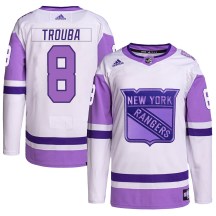 Men's Adidas New York Rangers Jacob Trouba White/Purple Hockey Fights Cancer Primegreen Jersey - Authentic